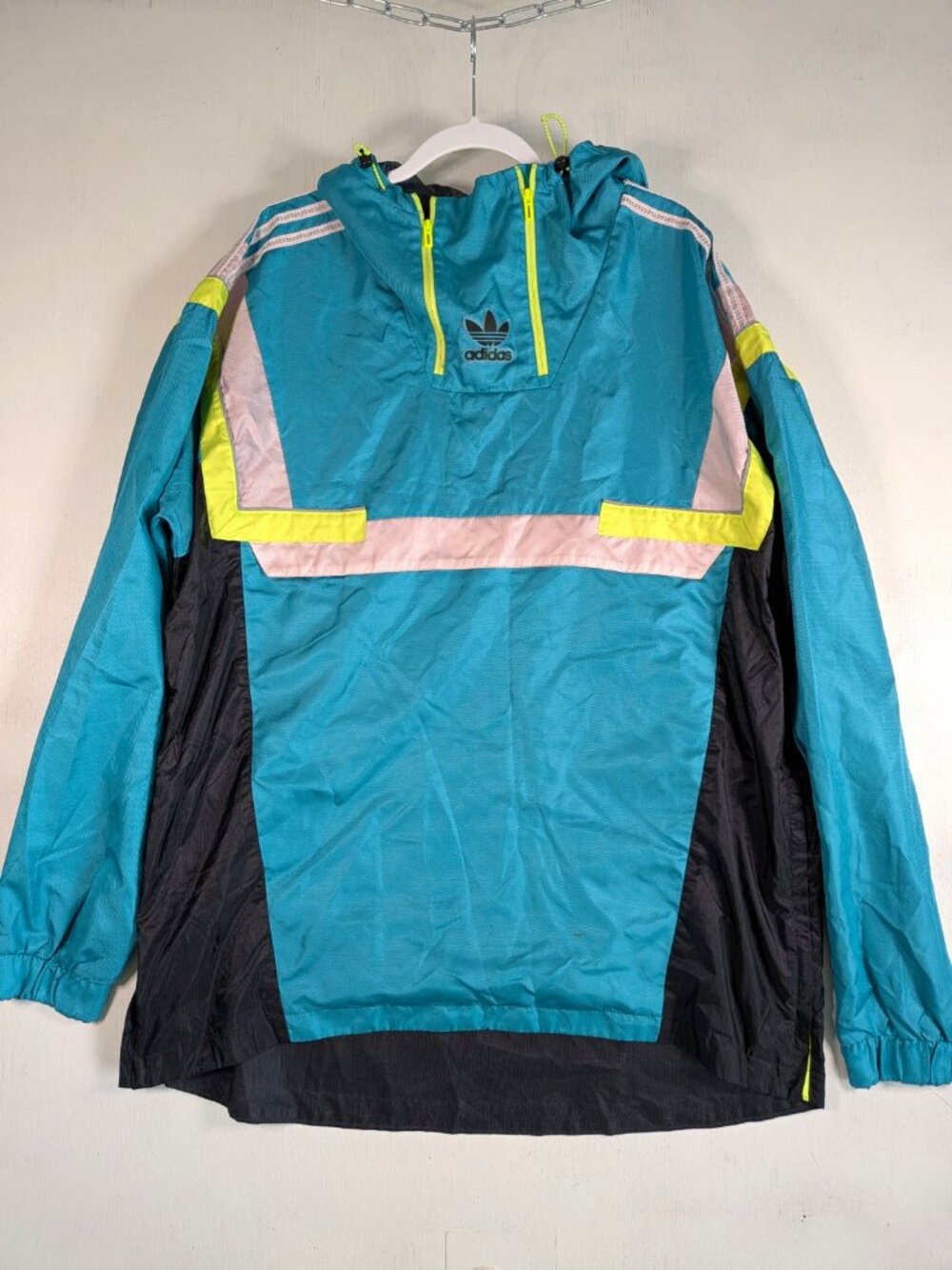 adidas Originals Colorblock Anorak Windbreaker Mens L Teal Black Hooded Half Zip
